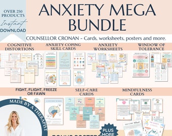 Anxiety mega bundle, psychologist resources, therapy worksheets, mental health resources tools self care cards, therapy office, cbt,