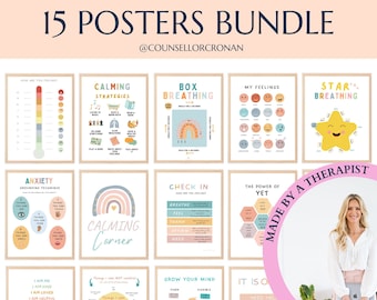 May include: A set of 15 printable posters for children featuring calming strategies, breathing exercises, and positive affirmations. The posters are designed with a rainbow theme and feature illustrations of stars, rainbows, and other cheerful imagery. The posters are titled "Calming Strategies", "Box Breathing", "My Feelings", "Star Breathing", "Anxiety Grounding Technique", "Calming Corner", "Check In", "The Power of Yet", "I Am Me", "Things I Can Control", "Grow Your Mind", and "It Is Okay To..."