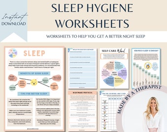 Sleep hygiene worksheets, sleep journal, sleep habits, sleep cycle, therapy office decor, self care, acceptance and commitment therapy, CBT