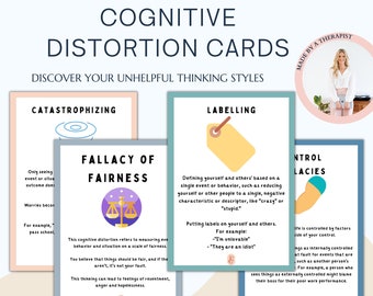 Unhelpful thinking cards, cognitive bias, mindfulness cards, cognitive behavioral therapy, growth mindset, coping skills, self growth, DBT