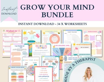 Growth mind frame worksheets, therapy bundle, therapy journal, grow your mind, social psychology, depression, anxiety, counsellor resources
