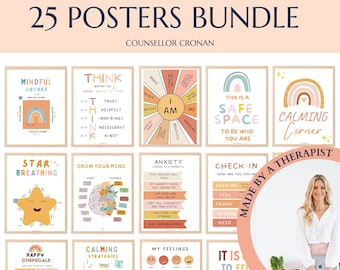 Pode incluir: Um conjunto de 25 cartazes coloridos para o escritório de um conselheiro. Os cartazes apresentam afirmações positivas, estratégias de enfrentamento e técnicas de mindfulness. Os cartazes são projetados com uma estética moderna e minimalista e apresentam ilustrações de arco-íris, estrelas e cérebros. Os cartazes são intitulados "Quadrado Consciente", "Pense", "Eu Sou", "Este é um Espaço Seguro", "Canto Acalmante", "Respiração Estrela", "Cultive Sua Mente", "Afirmações para Enfrentar a Ansiedade", "Registrar-se", "Químicos Felizes", "Estratégias para se Calmar", "Meus Sentimentos", e "É Sentir Seus Sentimentos".