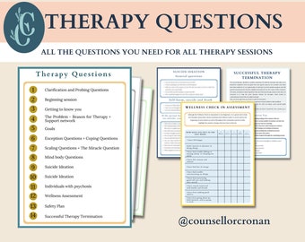 Therapy Questions, therapy notes, Counseling Questions, Open-ended Conversation Starters, Therapy Cheat Sheet, Clinical Notes, Intake forms