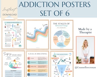 Sobriety and addiction set of 6 posters, recovery, sober life, addiction therapist therapy poster, office decor, addiction recovery gift,