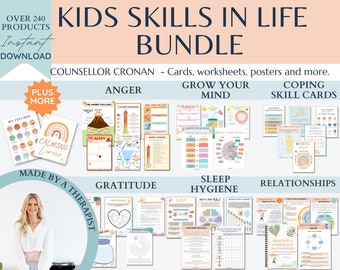 Kids skills in life essential bundle, 50% off, over 240 products. Therapy worksheets, calming corner, coping skills, anxiety, CBT worries