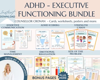 ADHD-Executive functioning worksheet bundle for kids, time management, self regulation, coping skills, ADHD skills, anxiety, therapy tools