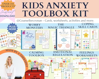 50% off kids anxiety toolbox bundle, therapy bundle, calm down strategies, anxiety techniques, grounding strategies, anxiety worksheets, SEL