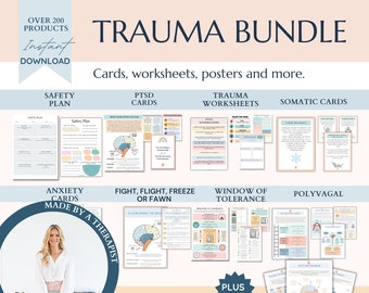 Trauma therapy 50% off bundle, anxiety coping skill card, therapy worksheets, crisis therapy PTSD, anxiety therapy tool, safety plan, BPD