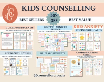 Kids coping skills bundle 50% off, therapy worksheets, school counselling tools, teacher resources, autism toolbox, adhd resources, calming