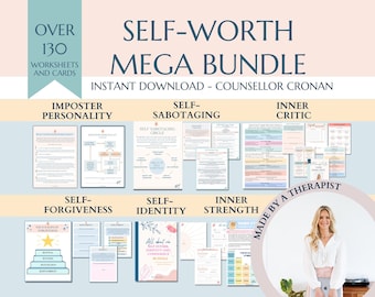 Self worth discovery therapy bundle, self love, self care, positive affirmations, inner critic, self sabotage, life coach, therapy worksheet