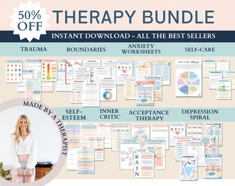 Therapy worksheet bundle, psychology resources, inner critic, boundaries, trauma, acceptance therapy, safety plan, planner, affirmations,GAD