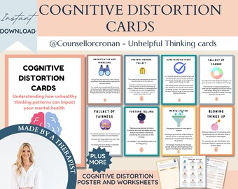 Cognitive distortion cards, unhelpful thinking, anxiety cards, therapy tools, therapy games, counsellorcronan, cbt therapist, DBT Therapy