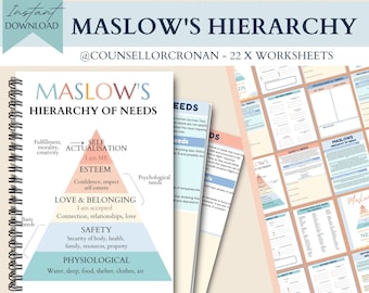 Maslow's Hierarchy of needs worksheets, therapy journal, therapy worksheets, group therapy, self actualization, mental health resources, CBT