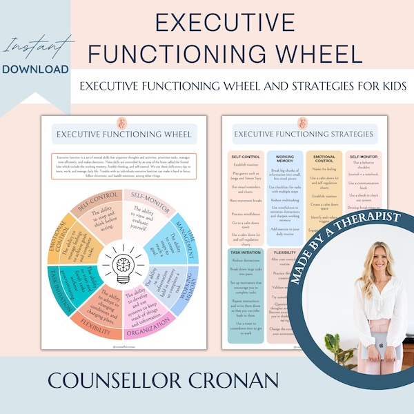 Executive functioning wheel and strategies, ADHD, Autism, coping skills, mental health, therapeutic aids, psychologist handouts, therapy CBT