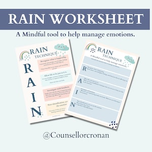 Rain mindfulness worksheet, therapy worksheet, therapy office decor, grounding strategies, mindful tools, school counsellor resources, CBT