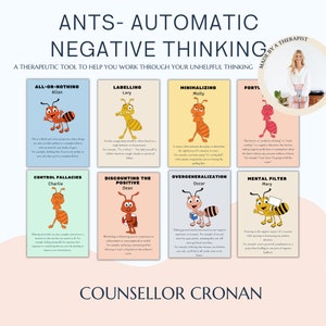 ANTS: kaarten voor automatisch negatief denken. Denkfouten, cbt-kaarten, cognitieve vervormingen, mentaliteit, gedachten inlijsten, therapiehulpmiddelen