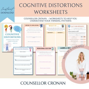Cognitive distortions worksheets, challenge unhelpful thinking styles, therapy worksheets, psychology, coping skills, bpd, DBT, CBT, anxiety