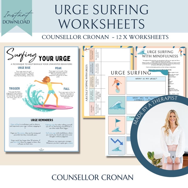 Urge surfing worksheets, manage your urges, self harm, addiction, sobriety, therapy worksheets, trauma,Substance Use Worksheet, crisis