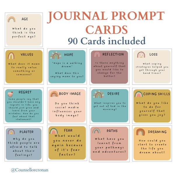 Journaling prompt cards, affirmation cards, self esteem workbook, anxiety cards, Social psychology, Mindfulness Cards, conversation cards,