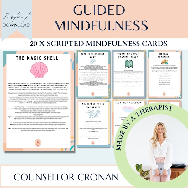 Guided mindfulness cards, scripted meditation handouts, therapy office decor, therapy forms, therapy worksheets, counselling tools, SEL, CBT