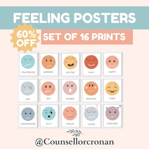 16 gevoelensposterbundel, klaslokaaldecor, therapiekantoordecor, hulpmiddelen voor schoolbegeleiding, gevoelensprint, emotiesposter, rustige hoek