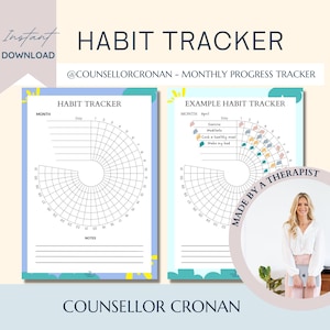 Habit tracker printable, circular habit planner, daily planner, daily journal, Weekly and Monthly Habits, coping skills, calendar, monthly