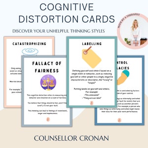 Cognitive distortion cards, unhelpful thinking, challenge negative thought, therapy worksheets, DBT skills, coping strategies, anxiety tools