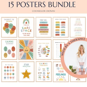 Conjunto de 15 paquetes de carteles de aprendizaje socioemocional, carteles de oficina de terapia, decoración de oficina, configuración del aula, tiempo en el rincón, SEL, psicología.