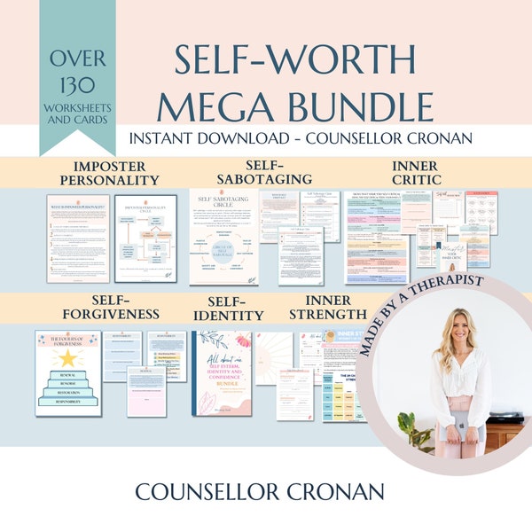 Self worth worksheet and cards bundle, self esteem, confidence, teen girls, inner critic, self sabotage, self identity, mental health, CBT