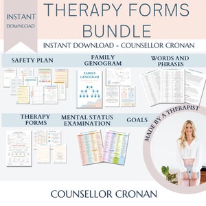 Therapy form bundle, mental status cheat sheet, family genogram, goals, report writing notes, therapist worksheets, intake forms, CBT
