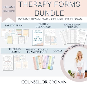 Therapy form bundle, mental status cheat sheet, family genogram, goals, report writing notes, therapist worksheets, intake forms, CBT