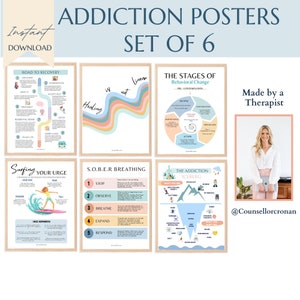 Sobriety and addiction set of 6 posters, recovery, sober life, addiction therapist therapy poster, office decor, addiction recovery gift,