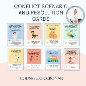 Conflict resolution flashcards for kids, social skill activity, social anxiety, social emotional learning, teacher resources, social worker
