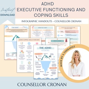 ADHD iceberg and infographic handouts, group therapy, teen mental health, executive functioning coping skills, working memory, psychology