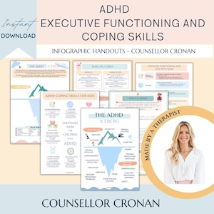 ADHD iceberg and infographic handouts, group therapy, teen mental health, executive functioning coping skills, working memory, psychology