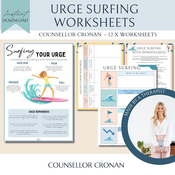 Urge surfing mindfulness technique, substance and abuse, drugs and alcohol, addiction recovery, sobriety, therapy worksheet counselling tool