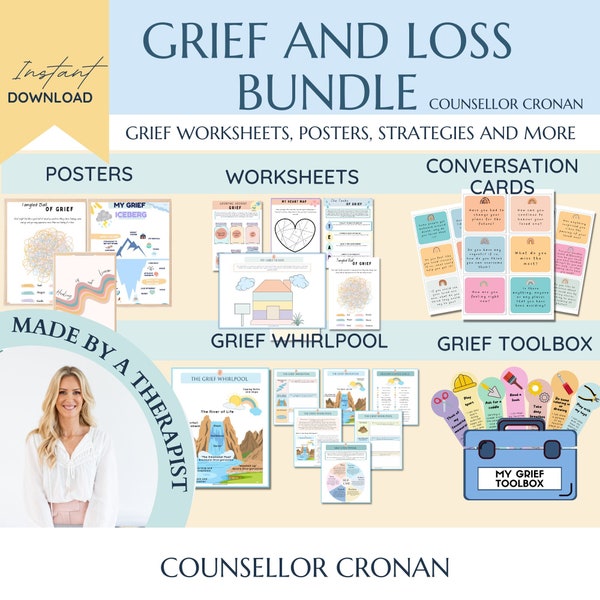 Grief and Loss 50% off bundle, Kids therapy, psychologist tools, parenting resources, death coping skills, social emotional learning, SEL