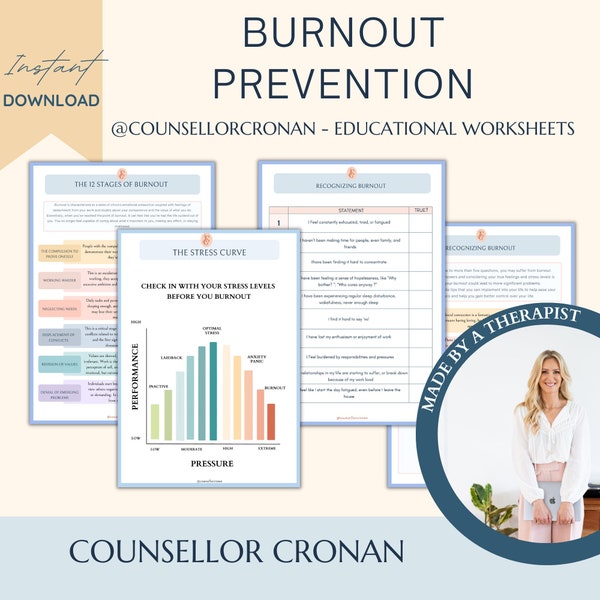 Burnout and Prevention Resource Pack, Stress worksheets, self-care, therapy worksheets, self-help, mental health planner, anxiety journal