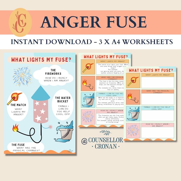Anger fuse worksheets, anger triggers, kids feelings, teen mental health, feelings poster, emotions chart, social emotional learning, SEL,