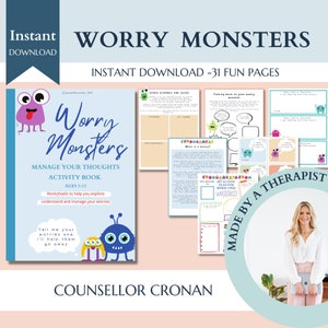 Worry monster anxiety workbook for kids, CBT worksheets, therapy office decor, school counselling resources, counseling games, coping skills