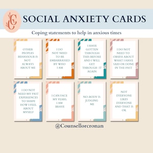 Tarjetas de afrontamiento de la ansiedad social, herramientas de terapia, recursos de terapia, hoja de trabajo de terapia, mentalidad positiva, alivio de la ansiedad, consultorio de terapia,