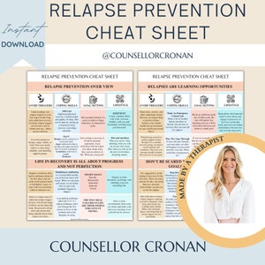 Relapse prevention cheat sheet, sobriety, addiction, substance abuse recovery plan, therapy office decor, therapist worksheet tools, CBT DBT