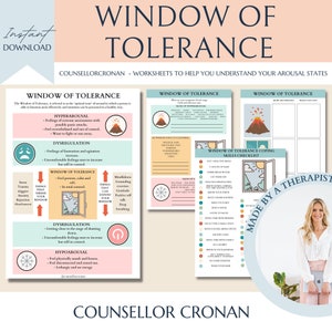 Window of tolerance worksheet, trauma therapy, DBT, therapy office decor, therapy worksheet, therapy tools, social emotional learning,