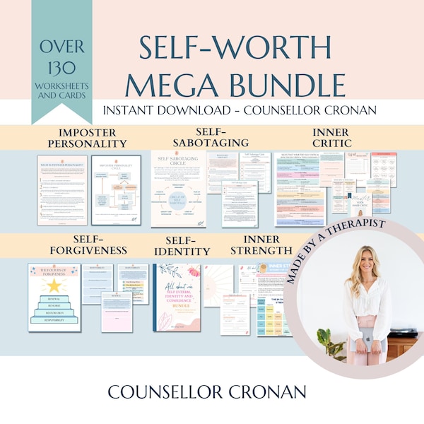 Self worth discovery therapy bundle, self love, self care, positive affirmations, inner critic, self sabotage, life coach, therapy worksheet