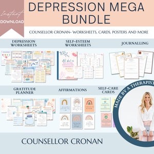 Depression mega bundle, depression spiral worksheets, coping cards, therapy worksheets, therapy office decor, school counsellor resources,