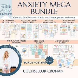 Anxiety mega bundle, psychologist resources, therapy worksheets, mental health resources tools self care cards, therapy office, cbt,