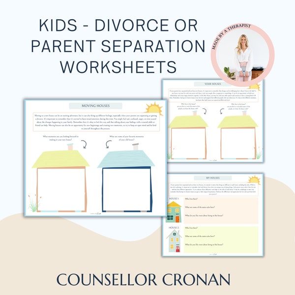 Parent separation or divorce worksheets for kids, my houses, therapy resources, social-emotional learning, growth mindset, change for kids