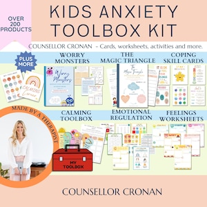 50% off kids anxiety toolbox bundle, therapy bundle, calm down strategies, anxiety techniques, grounding strategies, anxiety worksheets, SEL