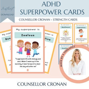 ADHD Superpower-sterktekaarten, uitvoerend functioneren, ADHD coping-vaardigheden, mindset, sociaal emotioneel leren, SEL, kindertherapie, gad