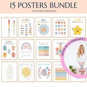 Set von 15 beruhigenden Ecke Poster, Kinder psychische Gesundheit, beruhigen Kit, Gefühle Bündel, Poster Wandkunst, Therapie Büro Dekor, Beratung CBT